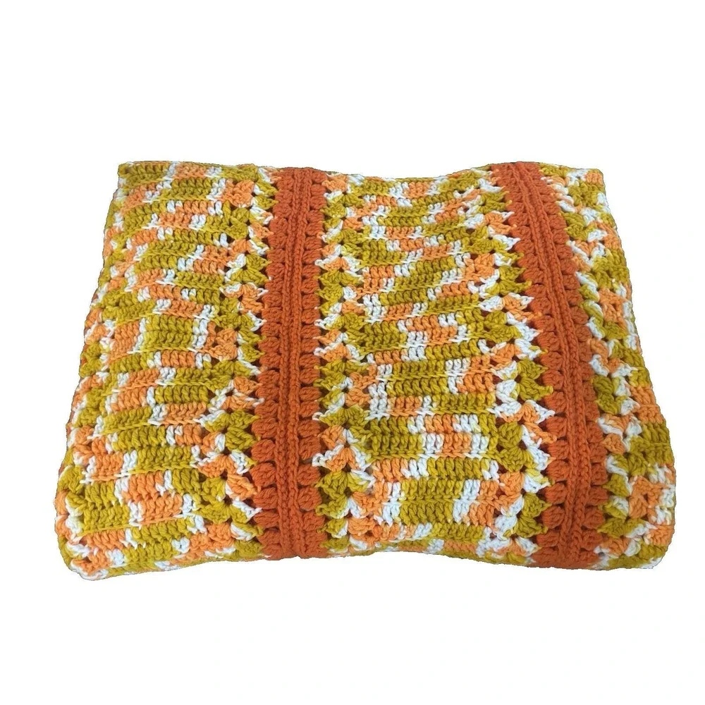 Vtg Lg 70s‎ Orange & Gold Crochet Afghan Sofa Throw Blanket 62